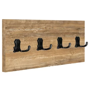 WIESZAK ŚCIENNY PANELOWY 4 MOCNE CZARNE HAKI LOFTOWY 45x18CM DREWNO RETRO