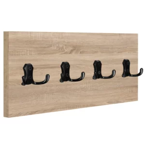 WIESZAK ŚCIENNY PANELOWY 4 MOCNE CZARNE HAKI LOFTOWY 45x18CM DĄB SONOMA